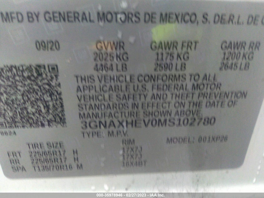 VIN 3GNAXHEV0MS102780 2021 CHEVROLET EQUINOX LS