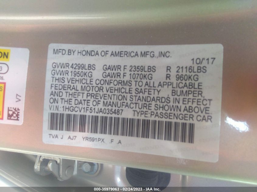 2018 HONDA ACCORD SEDAN EX-L 1.5T - 1HGCV1F51JA035487