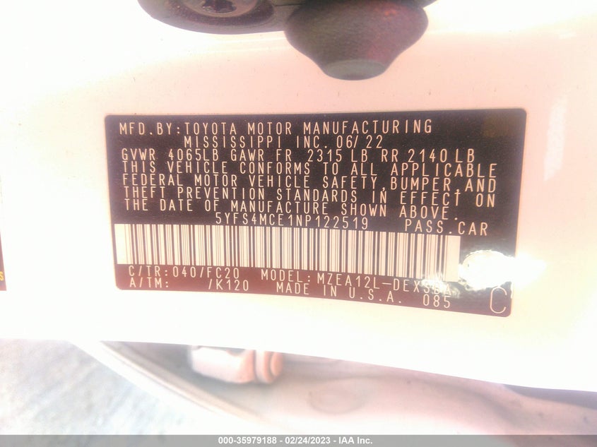 VIN 5YFS4MCE1NP122519 2022 TOYOTA COROLLA SE/SE NIGHTSHADE/APEX SE