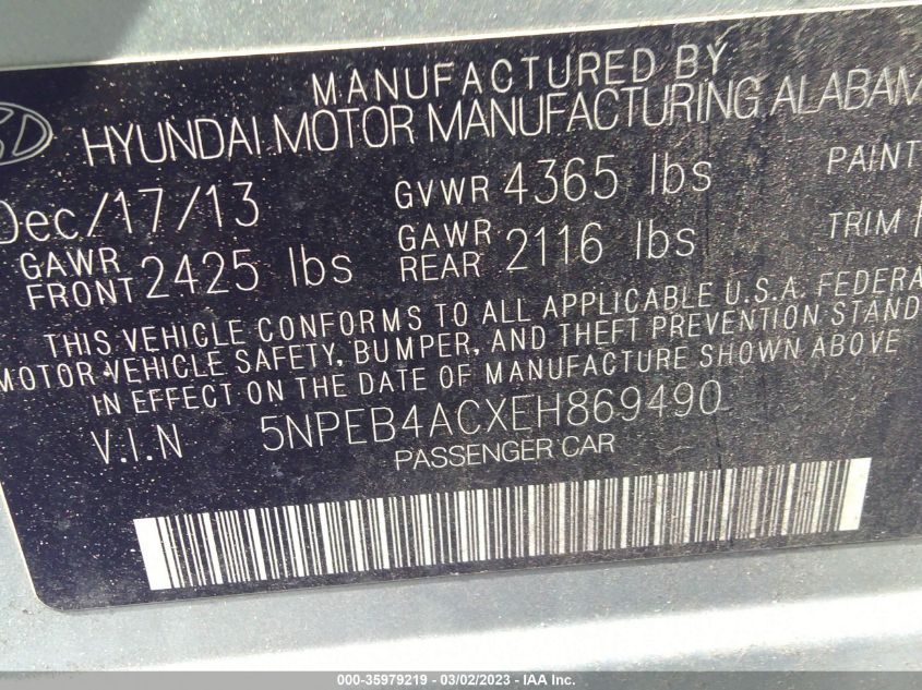 2014 HYUNDAI SONATA GLS - 5NPEB4ACXEH869490