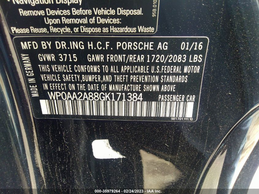 2016 PORSCHE CAYMAN WP0AA2A88GK171384