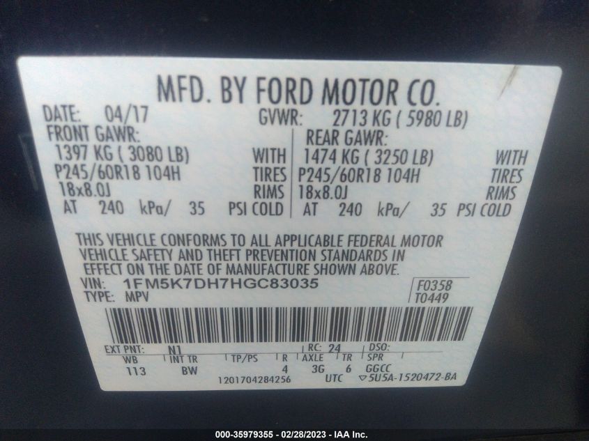 2017 FORD EXPLORER XLT - 1FM5K7DH7HGC83035