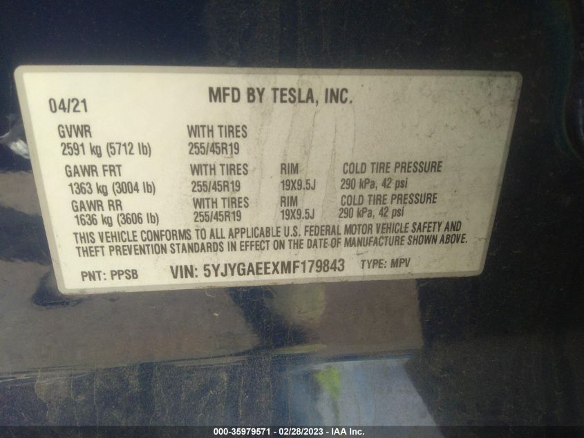 2021 TESLA MODEL Y LONG RANGE - 5YJYGAEEXMF179843