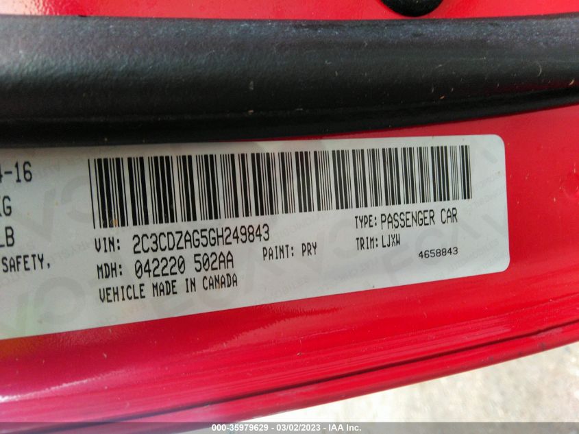 2016 DODGE CHALLENGER SXT PLUS - 2C3CDZAG5GH249843