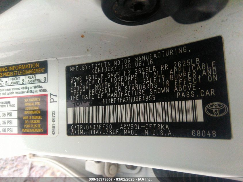 2017 TOYOTA CAMRY XLE/SE/LE/XSE - 4T1BF1FK7HU664995
