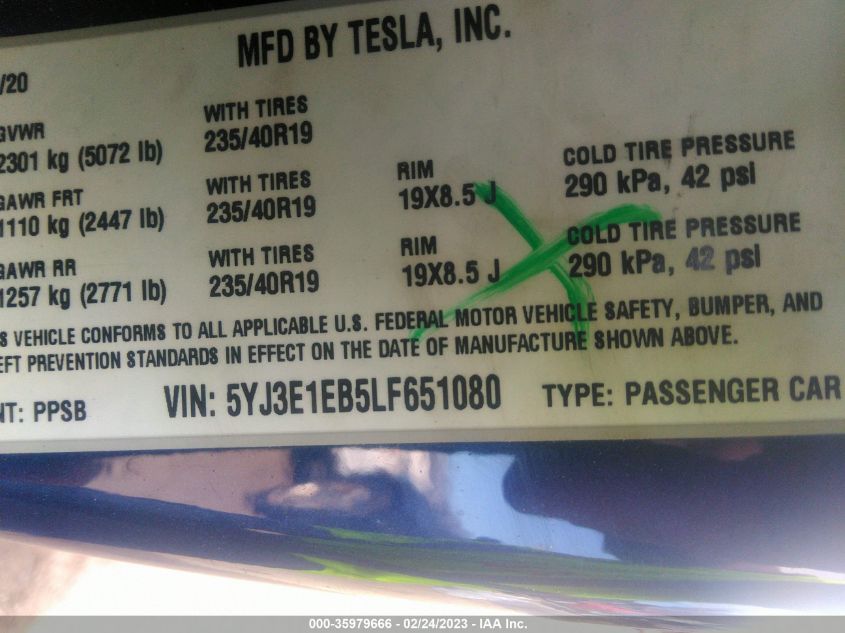 2020 TESLA MODEL 3 LONG RANGE - 5YJ3E1EB5LF651080