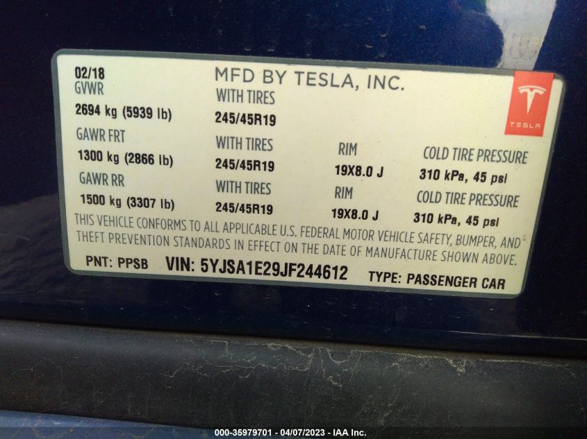 2018 TESLA MODEL S 75D/100D/P100D - 5YJSA1E29JF244612