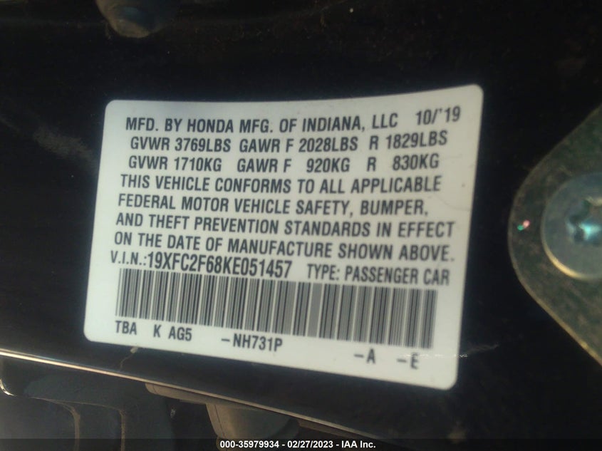 VIN 19XFC2F68KE051457 2019 HONDA CIVIC SEDAN LX