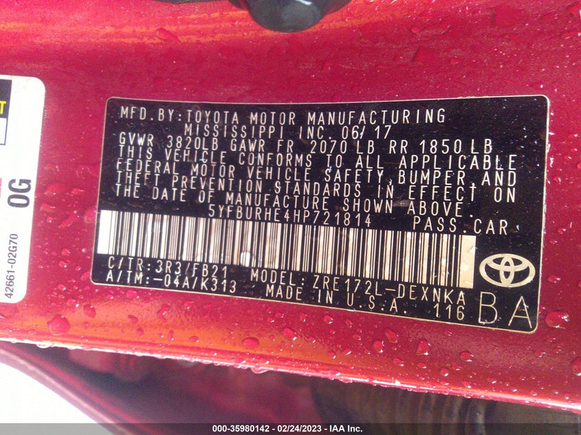 VIN 5YFBURHE4HP721814 2017 TOYOTA COROLLA L/LE/XLE/SE