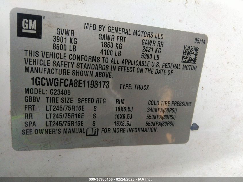 2014 CHEVROLET EXPRESS CARGO VAN - 1GCWGFCA8E1193173