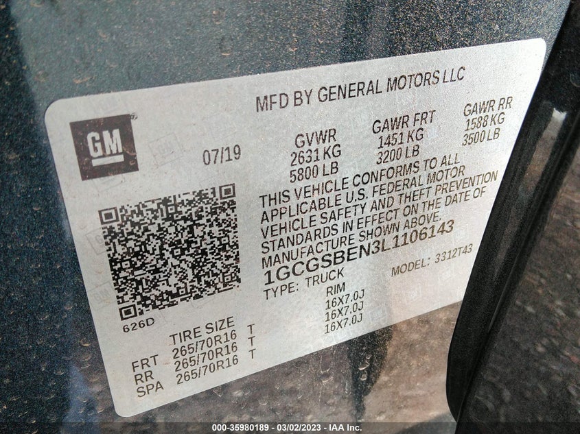 VIN 1GCGSBEN3L1106143 2020 CHEVROLET COLORADO 2WD WORK TRUCK