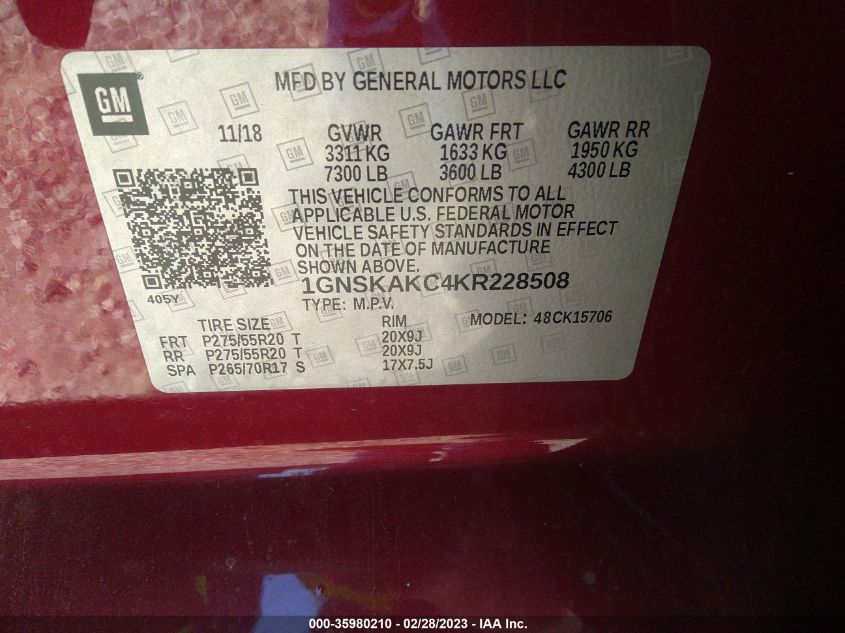 2019 CHEVROLET TAHOE LS - 1GNSKAKC4KR228508