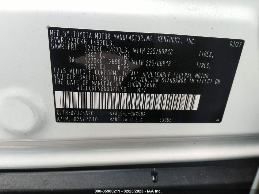 VIN 4T3D6RFV8NU074650 2022 TOYOTA RAV4 no.9