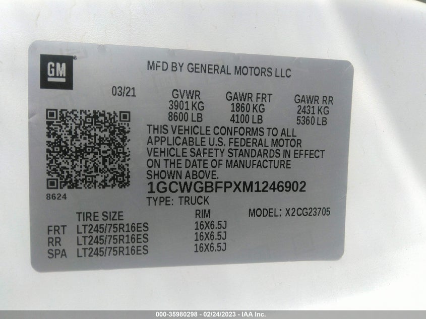VIN 1GCWGBFPXM1246902 2021 CHEVROLET EXPRESS CARGO VAN