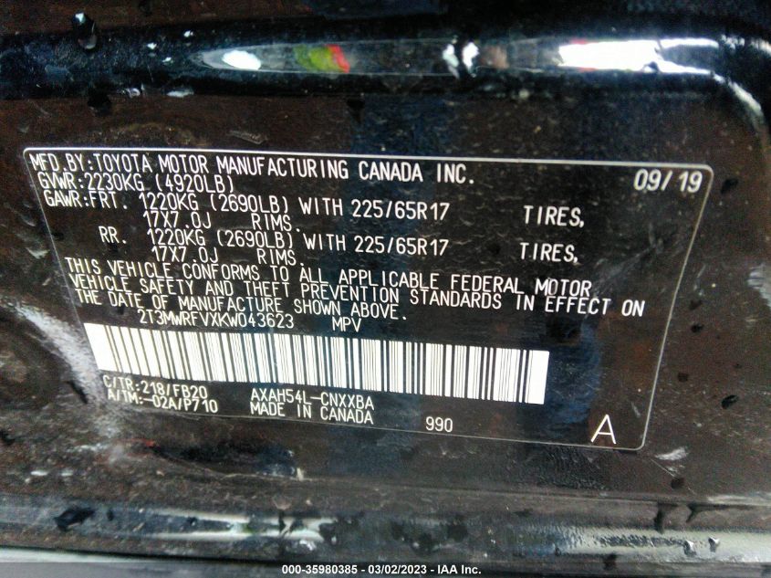2019 TOYOTA RAV4 HYBRID LE - 2T3MWRFVXKW043623