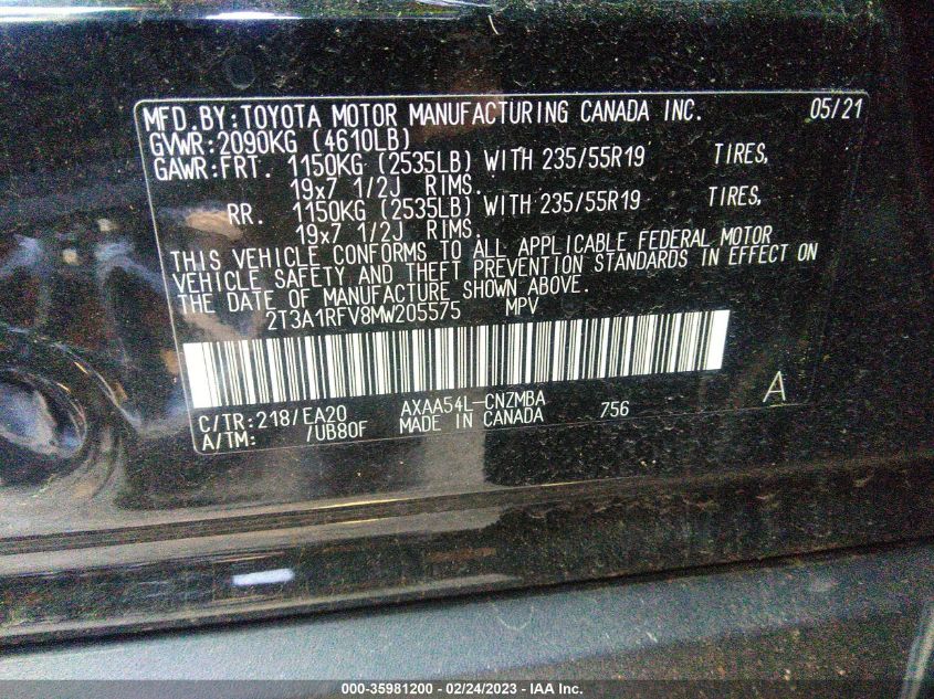 2021 TOYOTA RAV4 XLE PREMIUM - 2T3A1RFV8MW205575