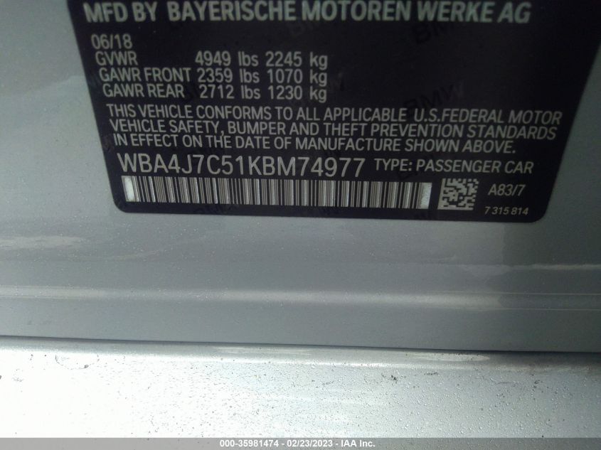 2019 BMW 440I GRAN COUPE XDRIVE WBA4J7C51KBM74977