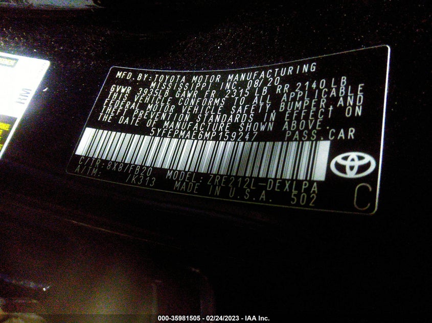 VIN 5YFEPMAE6MP159247 2021 TOYOTA COROLLA LE