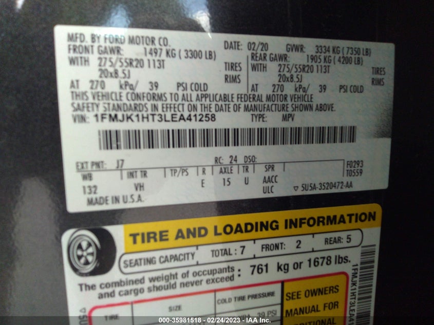 VIN 1FMJK1HT3LEA41258 2020 FORD EXPEDITION MAX XLT
