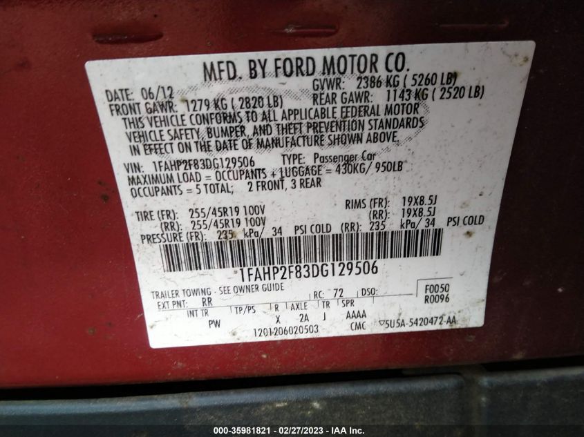 2013 FORD TAURUS LIMITED - 1FAHP2F83DG129506