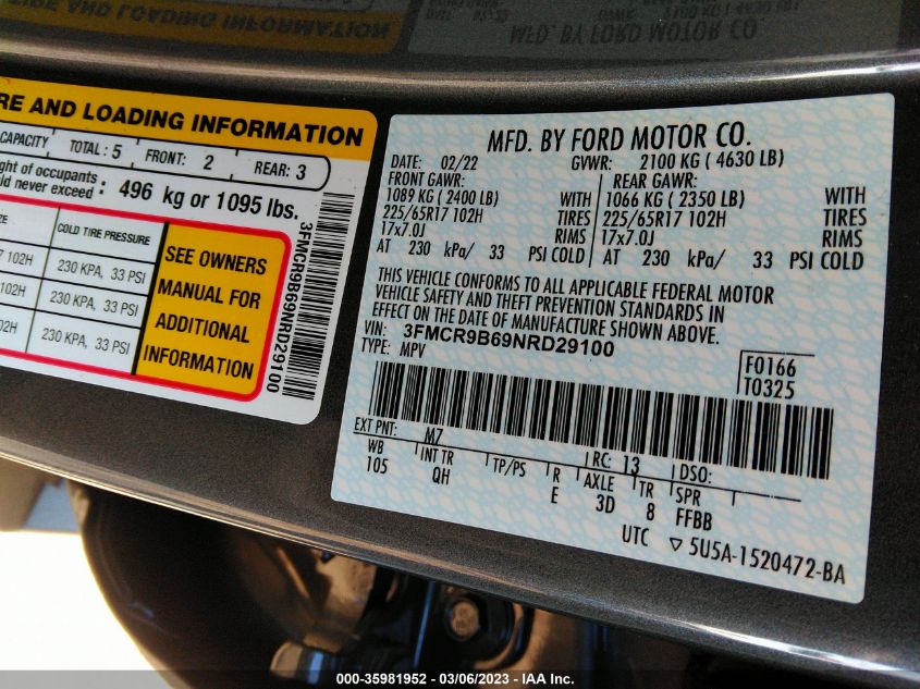 2022 FORD BRONCO SPORT BIG BEND - 3FMCR9B69NRD29100