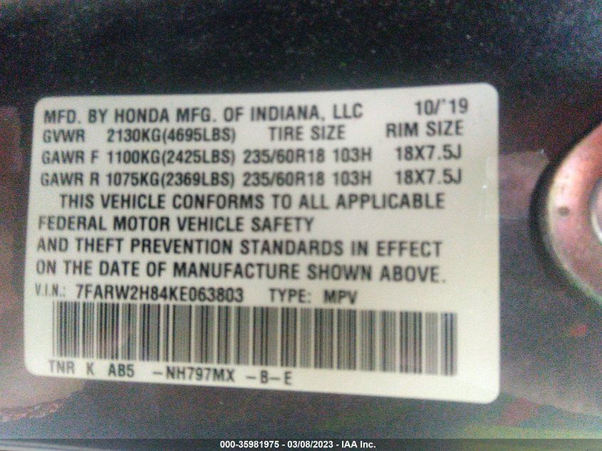 2019 HONDA CR-V EX-L - 7FARW2H84KE063803
