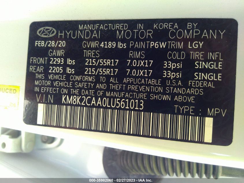 2020 HYUNDAI KONA SEL - KM8K2CAA0LU561013