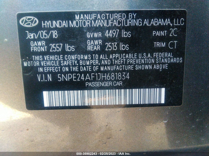 VIN 5NPE24AF1JH681834 2018 HYUNDAI SONATA SE