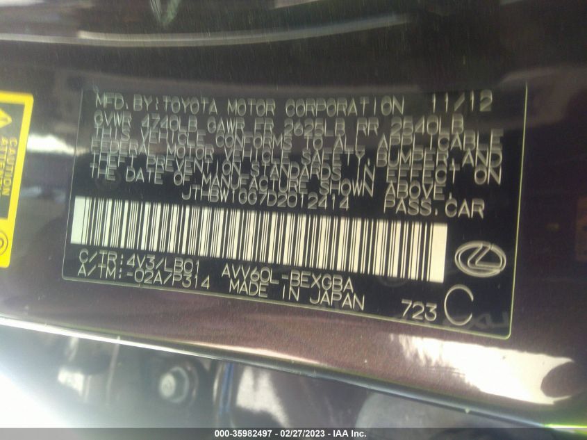 2013 LEXUS ES 300H HYBRID JTHBW1GG7D2012414