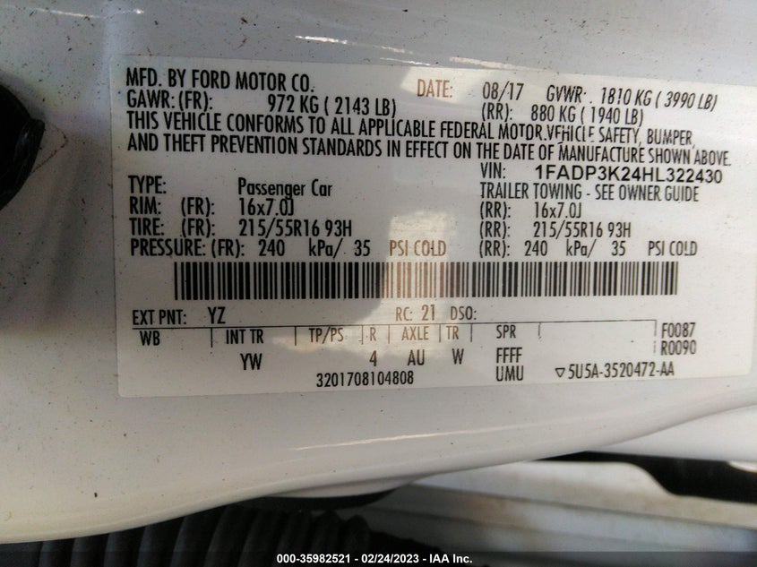 VIN 1FADP3K24HL322430 2017 FORD FOCUS SE
