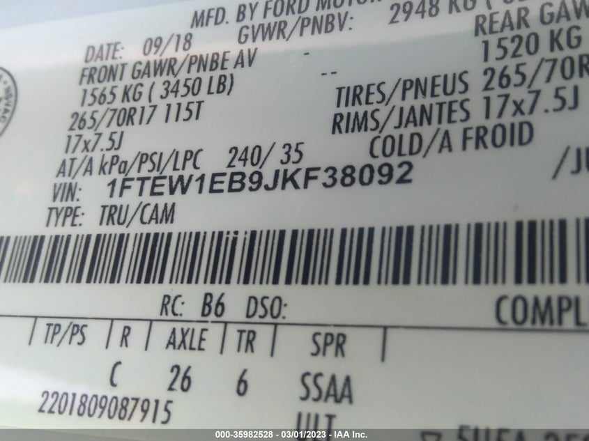 VIN 1FTEW1EB9JKF38092 2018 FORD F-150 XL/XLT
