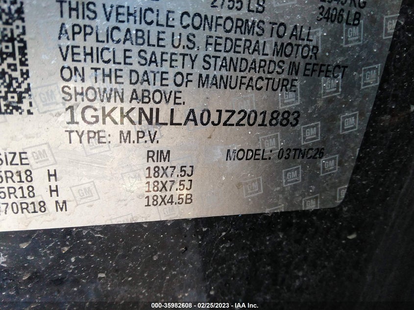VIN 1GKKNLLA0JZ201883 2018 GMC ACADIA SLE