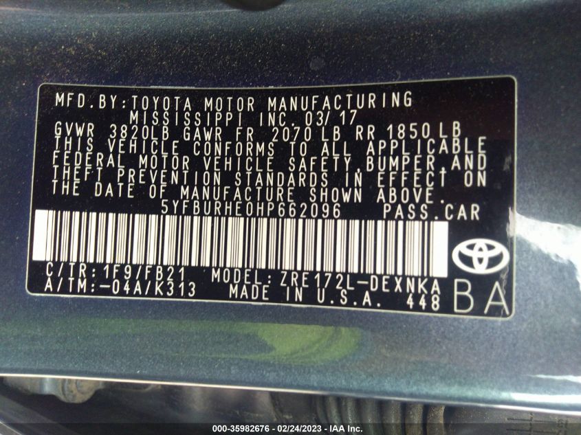 2017 TOYOTA COROLLA L/LE/XLE/SE - 5YFBURHE0HP662096