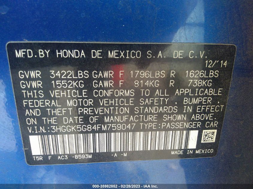 2015 HONDA FIT EX - 3HGGK5G84FM759047