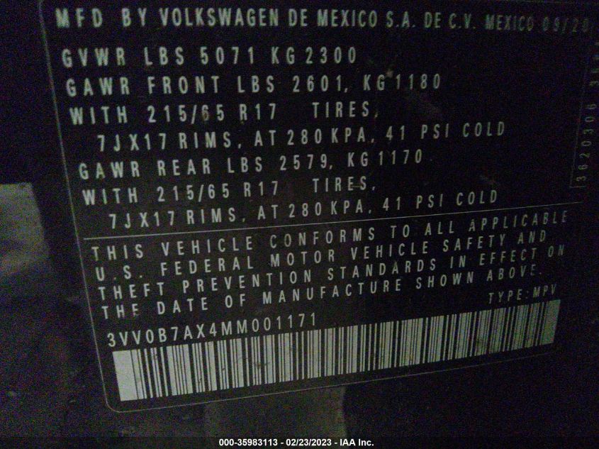 2021 VOLKSWAGEN TIGUAN S - 3VV0B7AX4MM001171