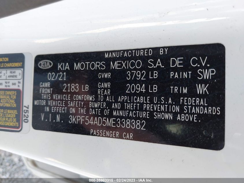 2021 KIA FORTE EX - 3KPF54AD5ME338382