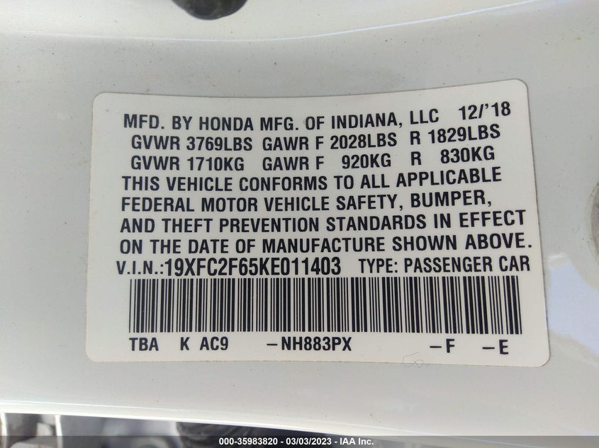 VIN 19XFC2F65KE011403 2019 HONDA CIVIC SEDAN LX