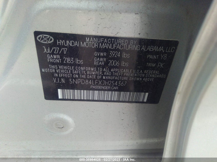 VIN 5NPD84LFXJH254367 2018 HYUNDAI ELANTRA SEL