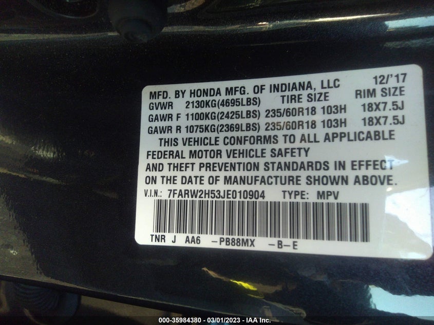 VIN 7FARW2H53JE010904 2018 HONDA CR-V EX