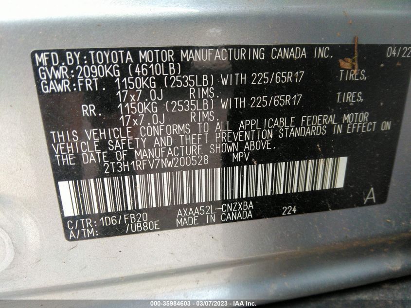 2022 TOYOTA RAV4 LE - 2T3H1RFV7NW200528