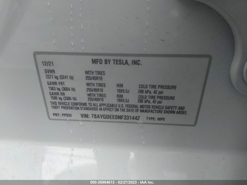 2022 TESLA MODEL Y LONG RANGE - 7SAYGDEE0NF331442