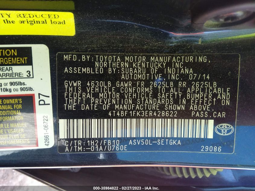 2014 TOYOTA CAMRY L/LE/XLE/SE/SE SPORT - 4T4BF1FK3ER428622