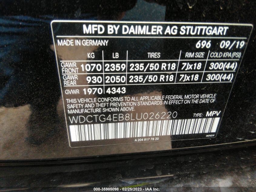 Auction sale of the 2020 MERCEDES BENZ GLA , vin: WDCTG4EB8LU026220, lot number: 35985098