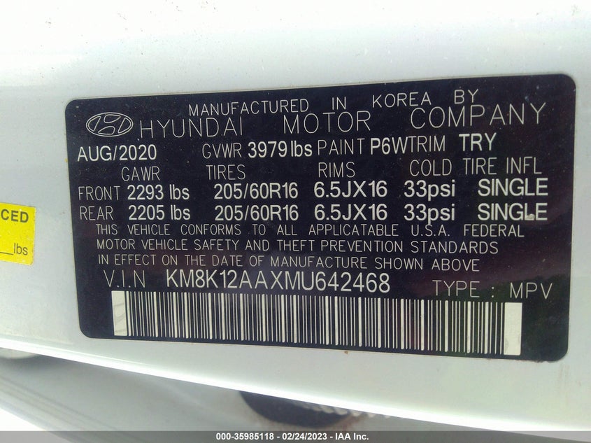 VIN KM8K12AAXMU642468 2021 HYUNDAI KONA SE