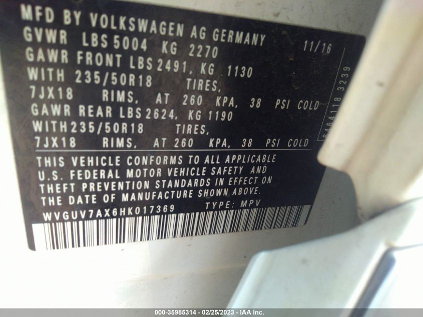 2017 VOLKSWAGEN TIGUAN SPORT - WVGUV7AX6HK017369