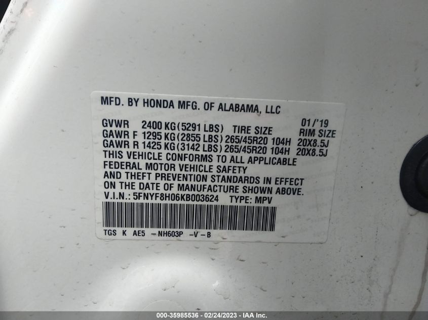 2019 HONDA PASSPORT ELITE - 5FNYF8H06KB003624