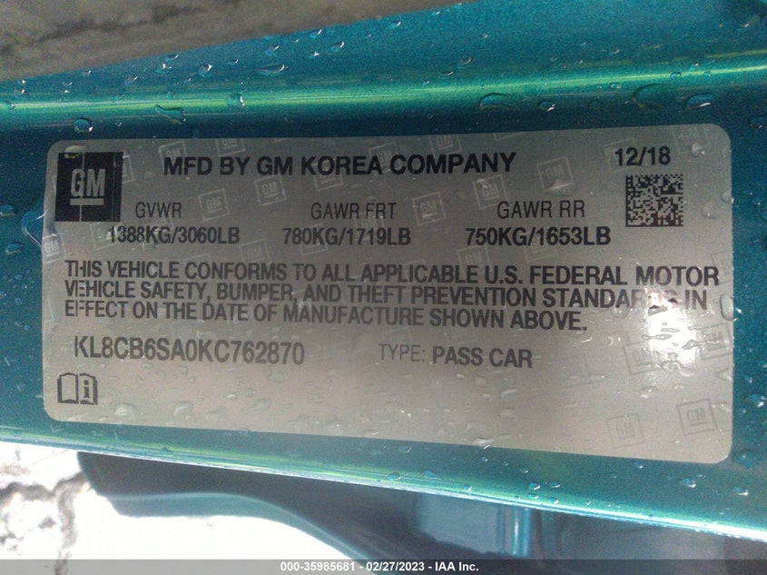 VIN KL8CB6SA0KC762870 2019 CHEVROLET SPARK LS