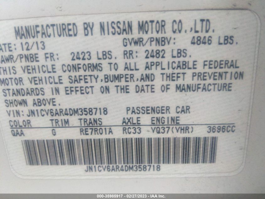2013 INFINITI G37X - JN1CV6AR4DM358718