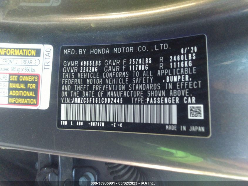 2020 HONDA CLARITY PLUG-IN HYBRID JHMZC5F16LC002445