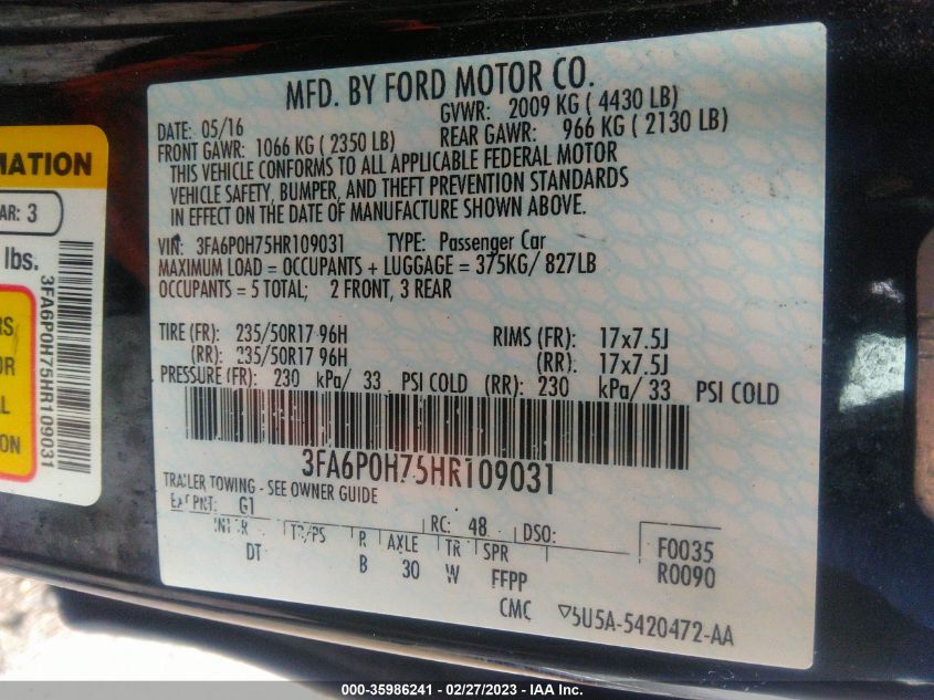 2017 FORD FUSION SE - 3FA6P0H75HR109031